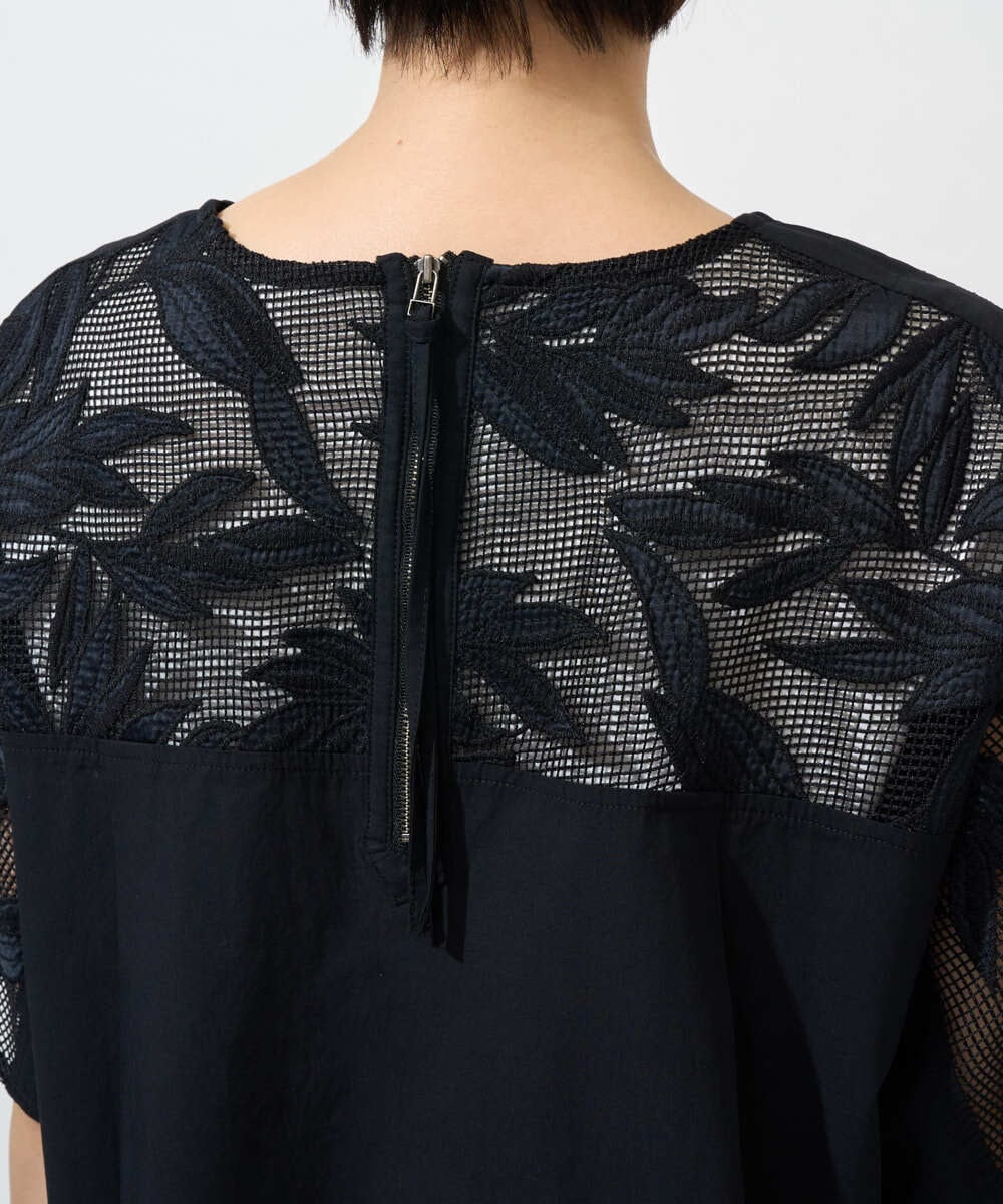PHBGD37290 GEORGES RECH(小さいサイズ)(メゾン ドゥ サンク) メッシュアップリケドルマンスリーブブラウス ブラック