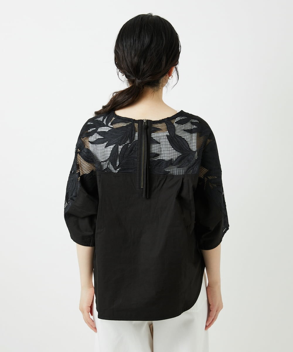 PHBGD37290 GEORGES RECH(小さいサイズ)(メゾン ドゥ サンク) メッシュアップリケドルマンスリーブブラウス ブラック
