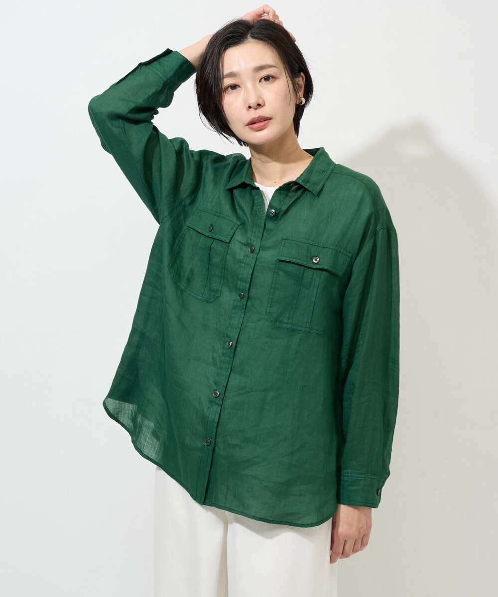 PHBGD39290 GEORGES RECH(小さいサイズ)(メゾン ドゥ サンク) シアーリネンサファリシャツ グリーン