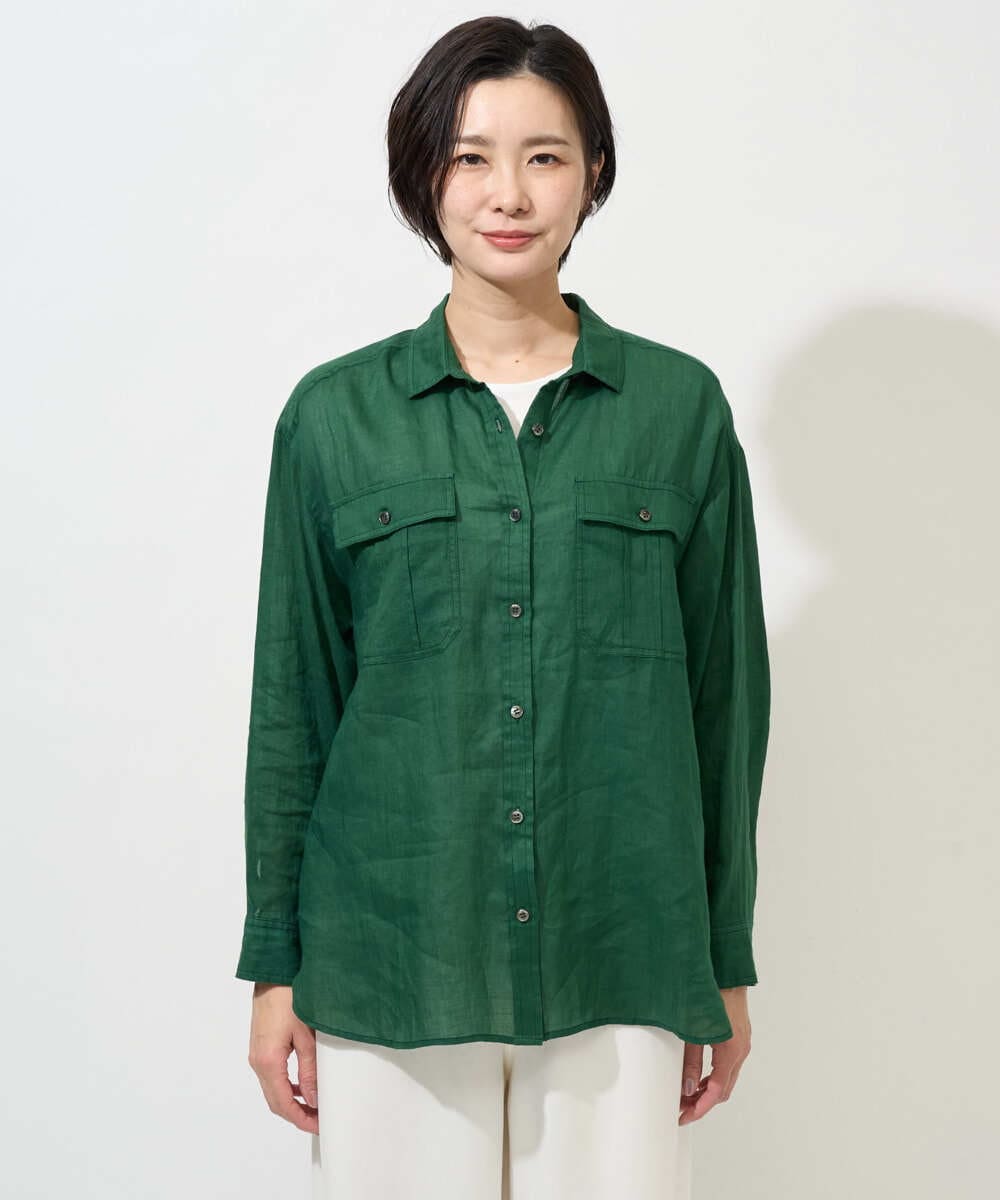 PHBGD39290 GEORGES RECH(小さいサイズ)(メゾン ドゥ サンク) シアーリネンサファリシャツ グリーン