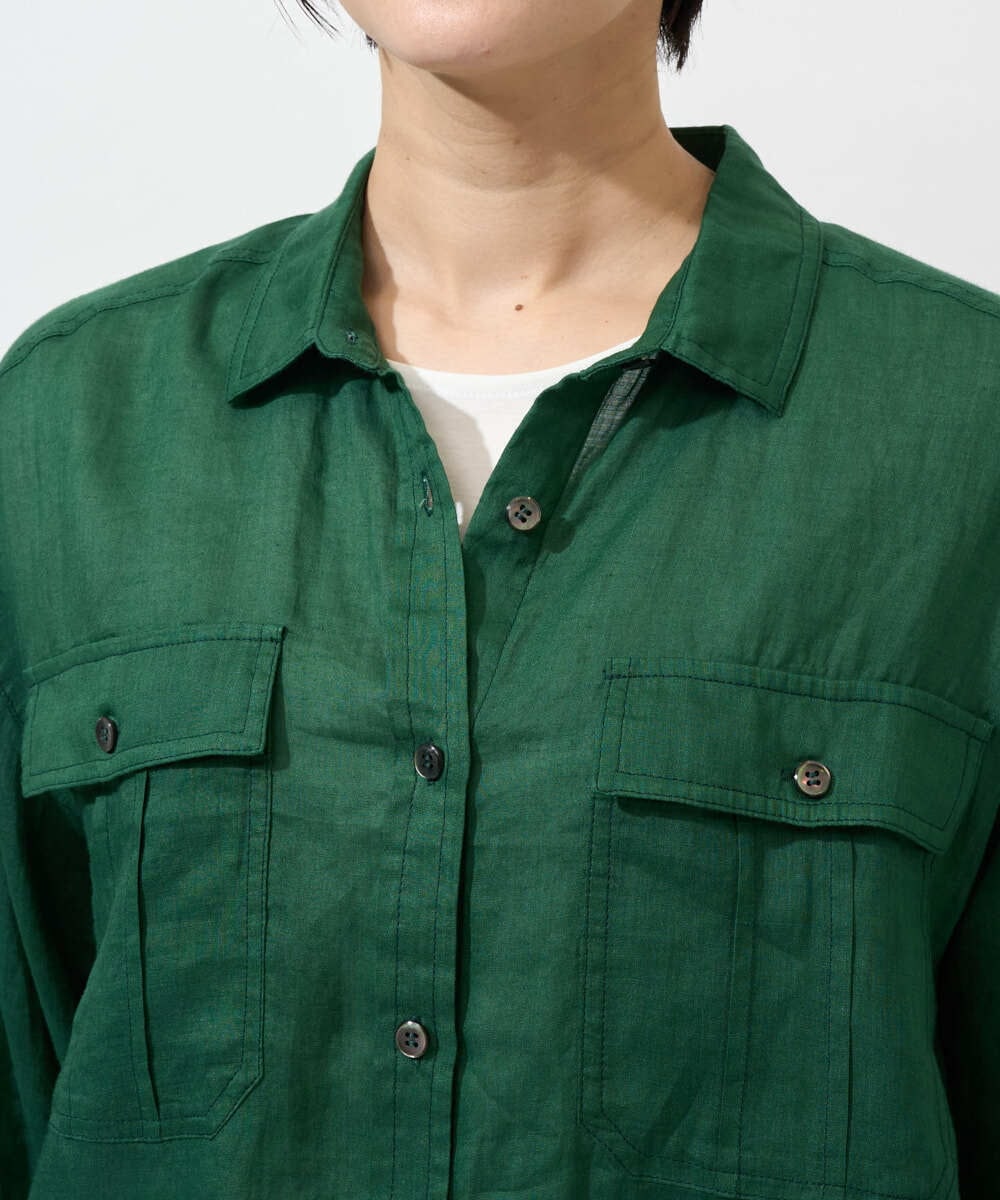 PHBGD39290 GEORGES RECH(小さいサイズ)(メゾン ドゥ サンク) シアーリネンサファリシャツ グリーン