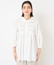 PHBGX34270 GEORGES RECH(小さいサイズ)(メゾン ドゥ サンク) ハンドスモッキング7分袖ブラウス ホワイト
