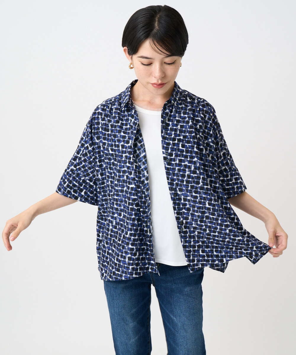 PHBHA57360 GEORGES RECH(小さいサイズ)(メゾン ドゥ サンク) ジオメトリックドルマンスリーブブラウス ネイビー