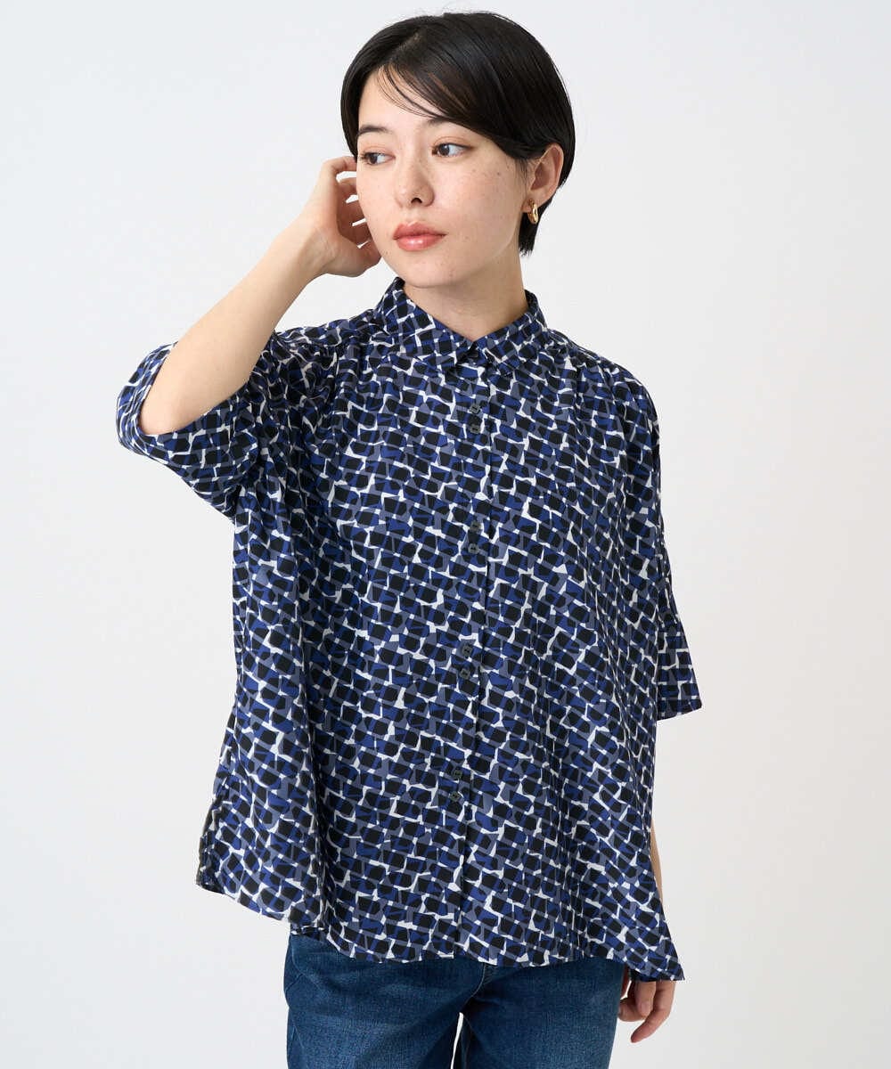 PHBHA57360 GEORGES RECH(小さいサイズ)(メゾン ドゥ サンク) ジオメトリックドルマンスリーブブラウス ネイビー