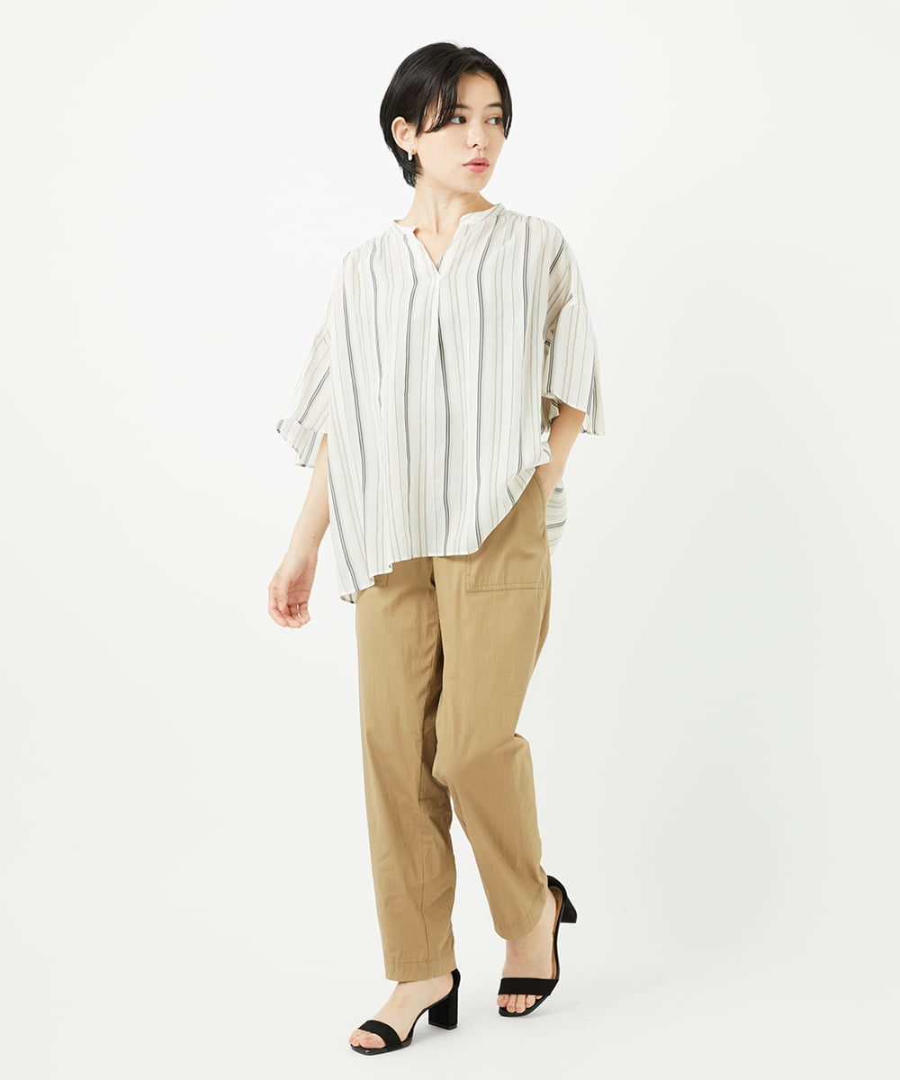PHBHA68250 GEORGES RECH(小さいサイズ)(メゾン ドゥ サンク) ランダムストライプフレアスリーブブラウス グリーン