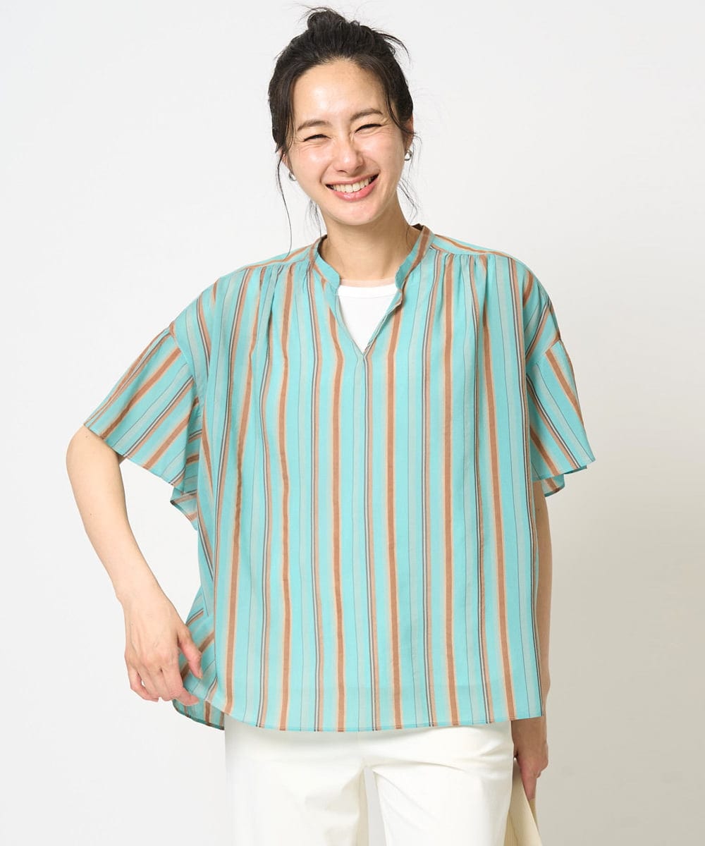 PHBHA68250 GEORGES RECH(小さいサイズ)(メゾン ドゥ サンク) ランダムストライプフレアスリーブブラウス グリーン