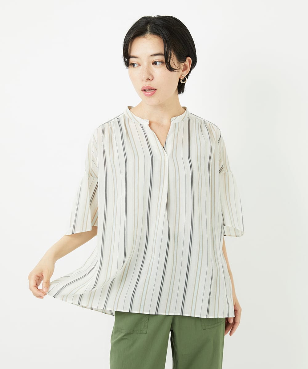 PHBHA68250 GEORGES RECH(小さいサイズ)(メゾン ドゥ サンク) ランダムストライプフレアスリーブブラウス グリーン