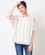 PHBHA68250 GEORGES RECH(小さいサイズ)(メゾン ドゥ サンク) ランダムストライプフレアスリーブブラウス グリーン