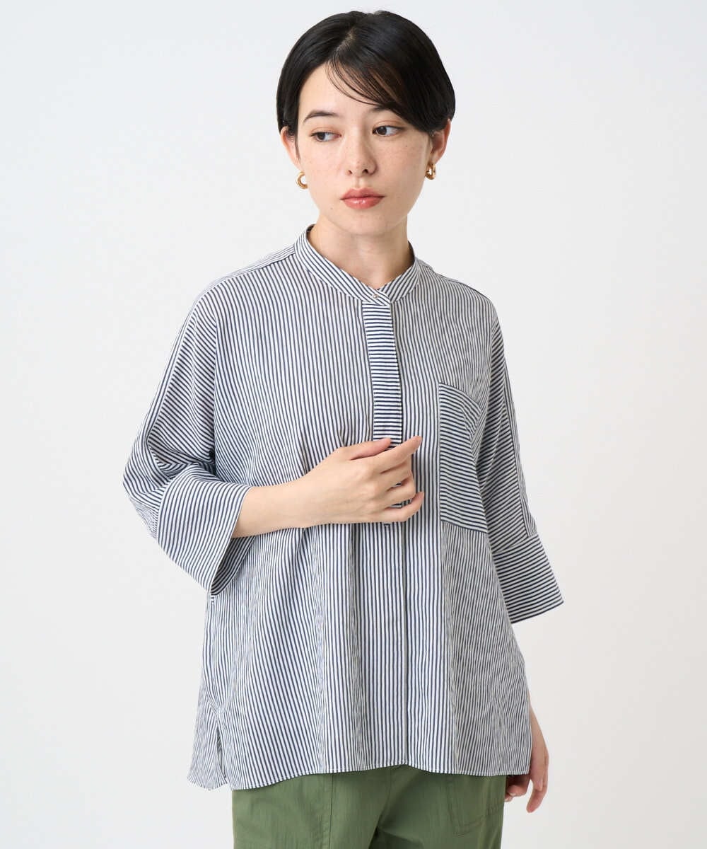 PHBHC35270 GEORGES RECH(小さいサイズ)(メゾン ドゥ サンク) [日本製]バンドカラードルマンスリーブブラウス2 ネイビー