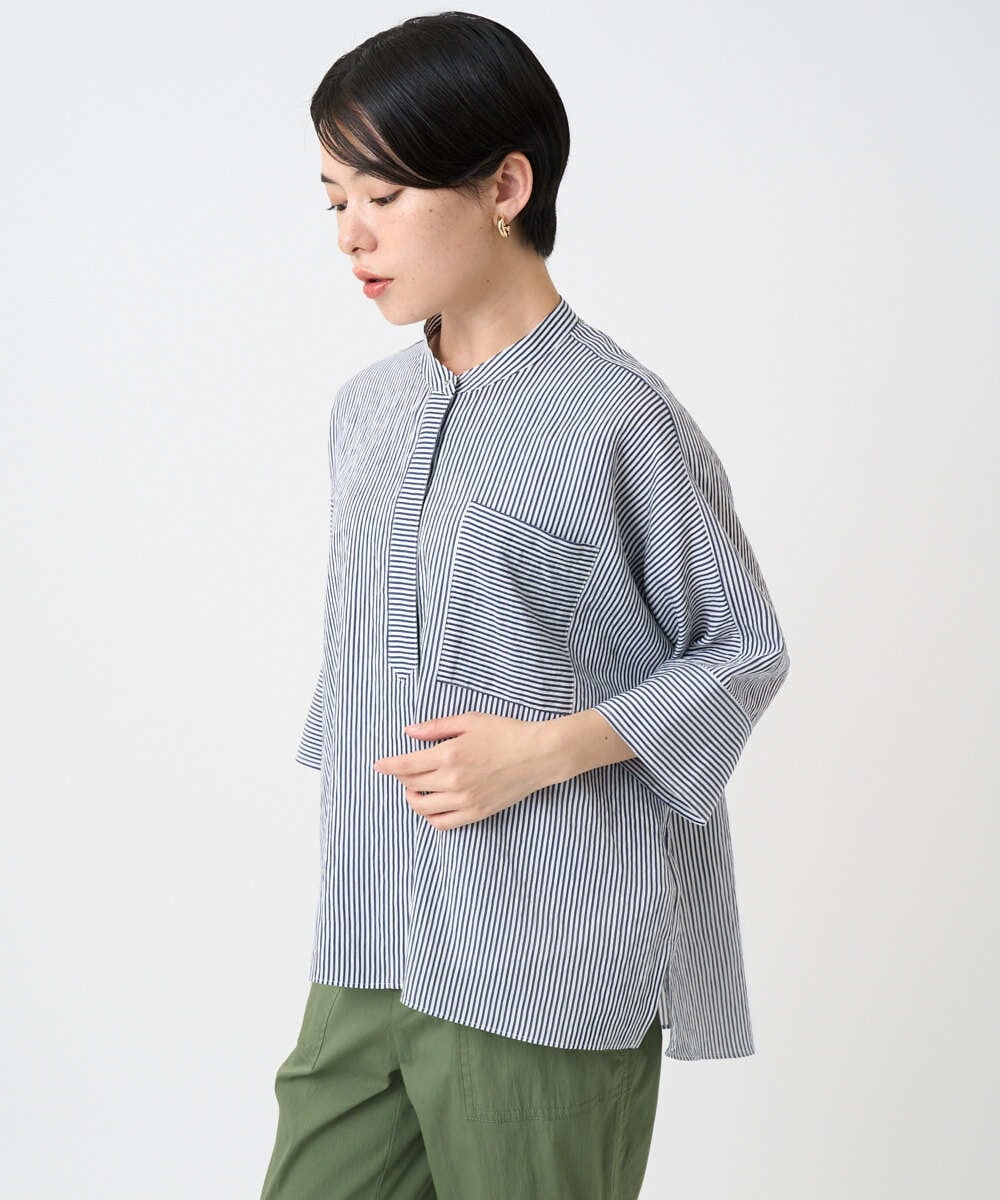 PHBHC35270 GEORGES RECH(小さいサイズ)(メゾン ドゥ サンク) [日本製]バンドカラードルマンスリーブブラウス2 ネイビー