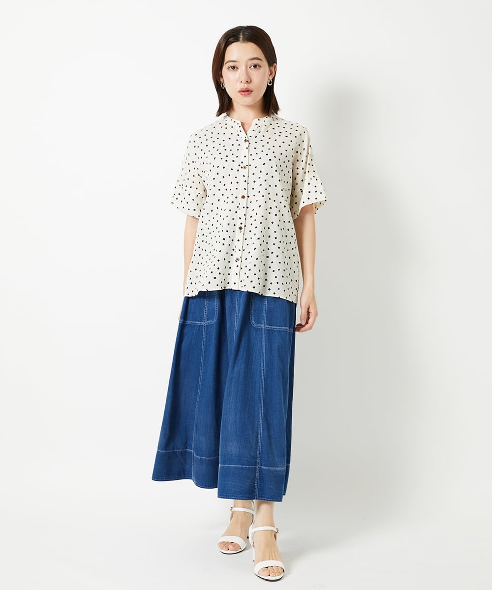 PHBHD43290 GEORGES RECH(小さいサイズ)(メゾン ドゥ サンク) スクエアドットキーネックフレアブラウス ネイビー