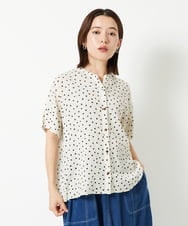 PHBHD43290 GEORGES RECH(小さいサイズ)(メゾン ドゥ サンク) スクエアドットキーネックフレアブラウス ネイビー
