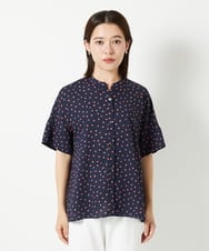 PHBHD43290 GEORGES RECH(小さいサイズ)(メゾン ドゥ サンク) スクエアドットキーネックフレアブラウス ネイビー