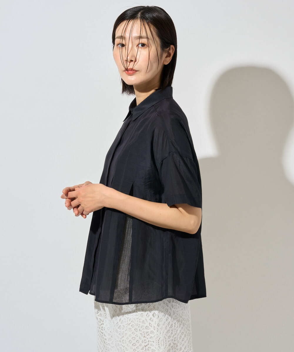 PHBHD44290 GEORGES RECH(小さいサイズ)(メゾン ドゥ サンク) メッシュシアータック5分袖ブラウス ネイビー