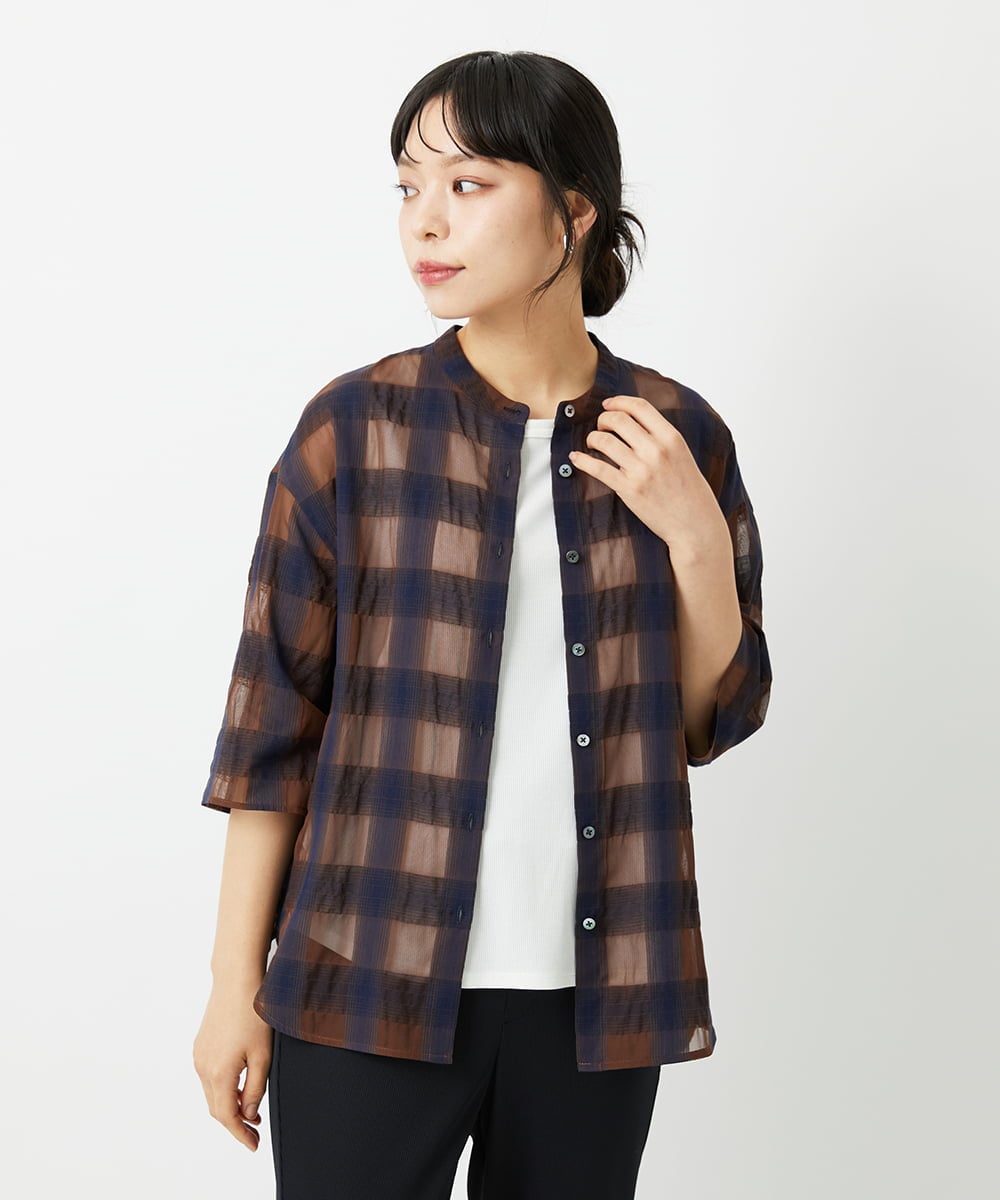 PHBHE63250 GEORGES RECH(小さいサイズ)(メゾン ドゥ サンク) シアーチェックバンドカラーブラウス ブラウン