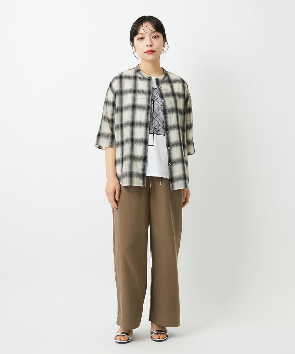 PHBHE63250 GEORGES RECH(小さいサイズ)(メゾン ドゥ サンク) シアーチェックバンドカラーブラウス ブラウン