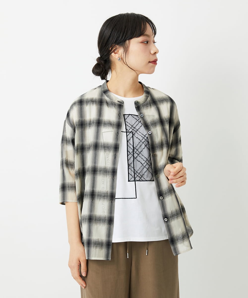 PHBHE63250 GEORGES RECH(小さいサイズ)(メゾン ドゥ サンク) シアーチェックバンドカラーブラウス ブラウン
