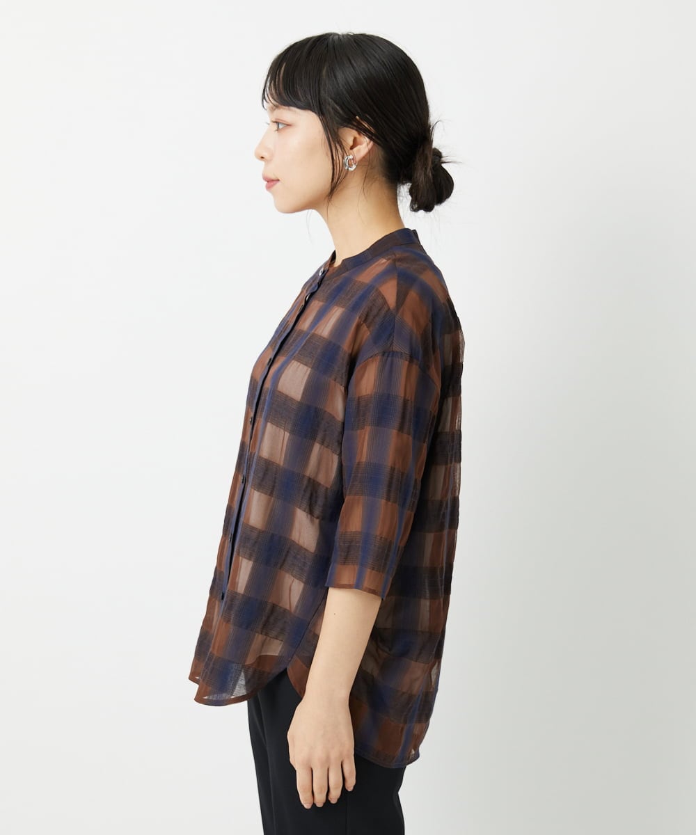 PHBHE63250 GEORGES RECH(小さいサイズ)(メゾン ドゥ サンク) シアーチェックバンドカラーブラウス ブラウン