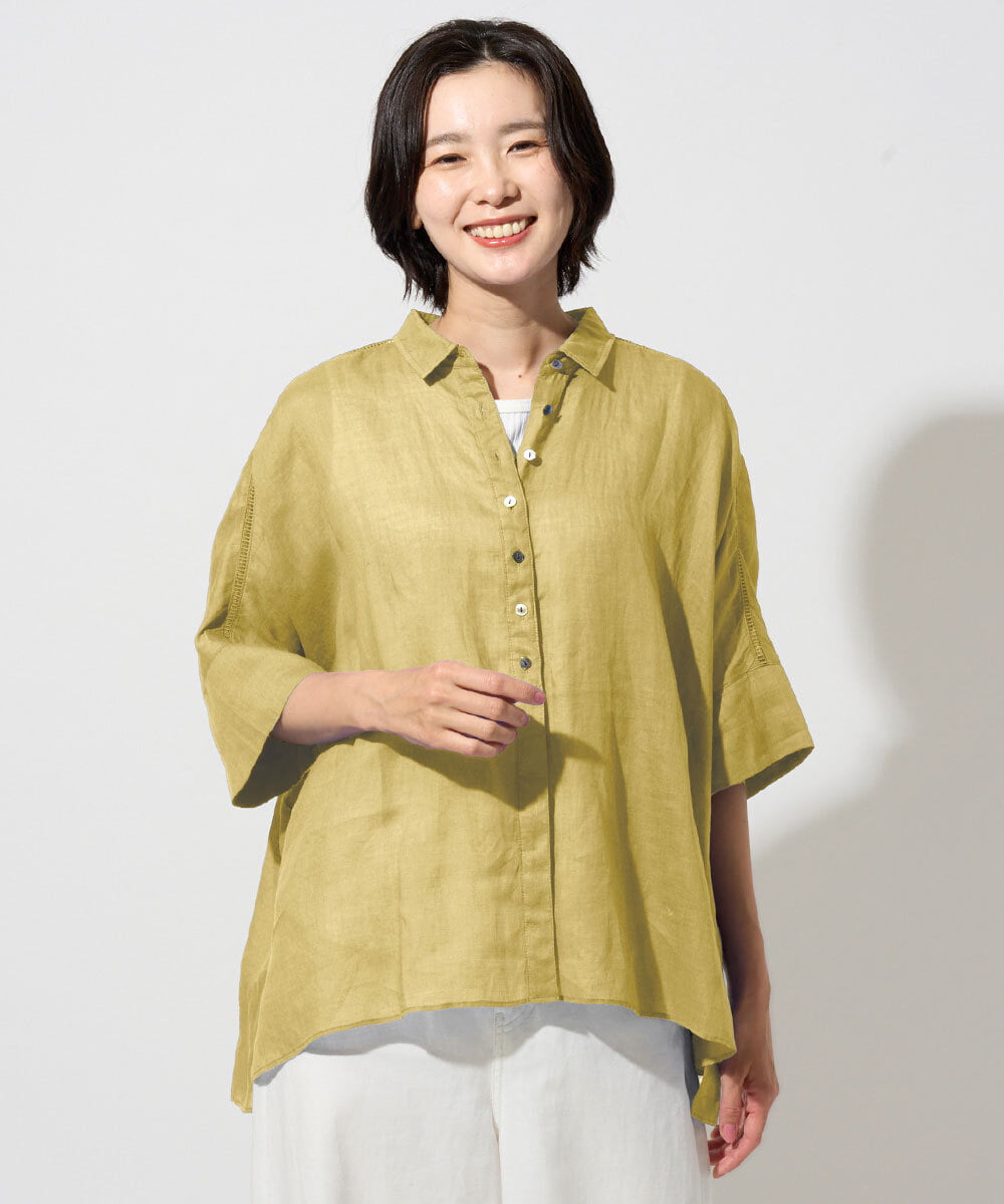 PHBHE66290 GEORGES RECH(小さいサイズ)(メゾン ドゥ サンク) ハシゴレースドルマンリネンタックシャツ イエロー