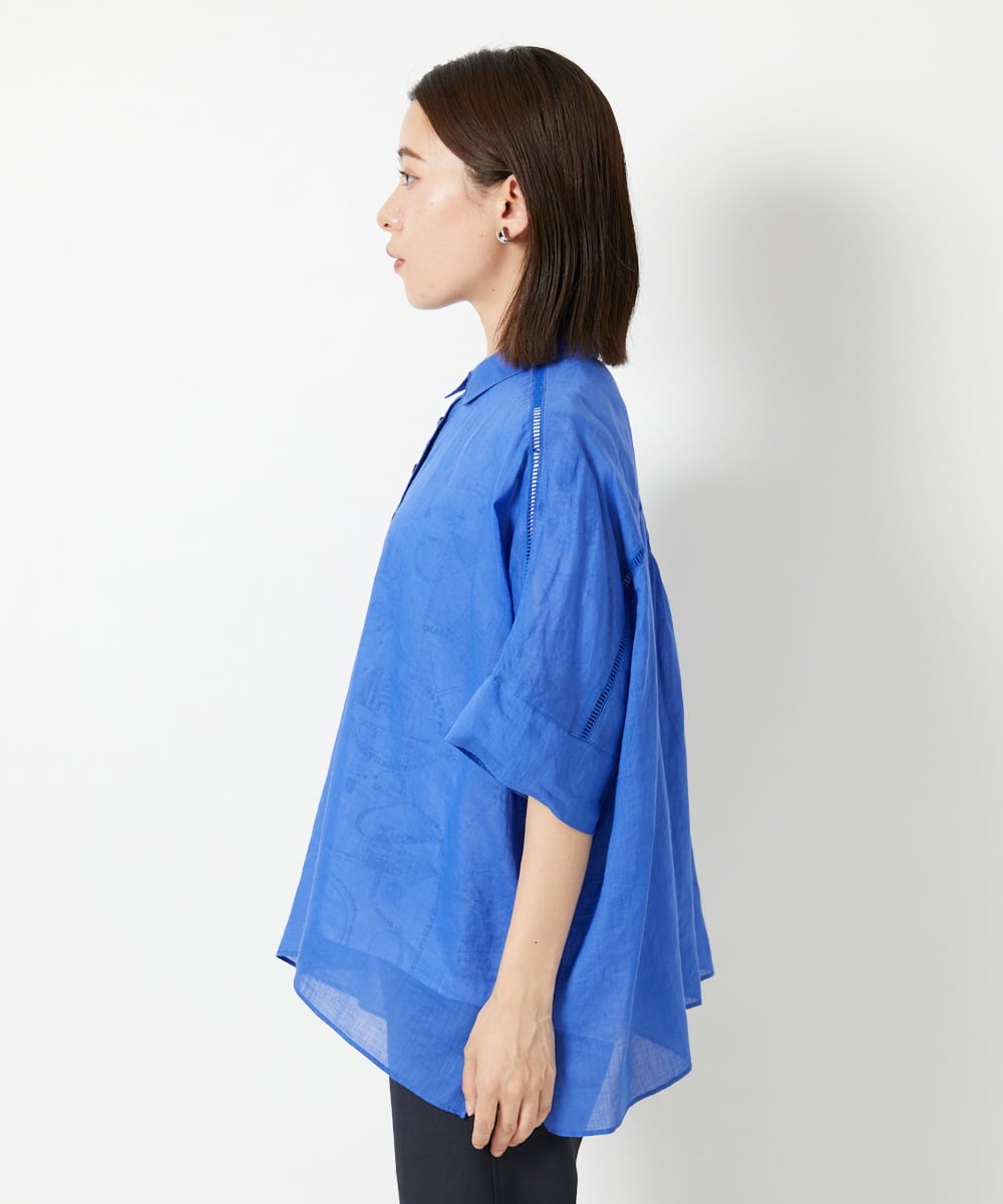 PHBHE66290 GEORGES RECH(小さいサイズ)(メゾン ドゥ サンク) ハシゴレースドルマンリネンタックシャツ ブルー