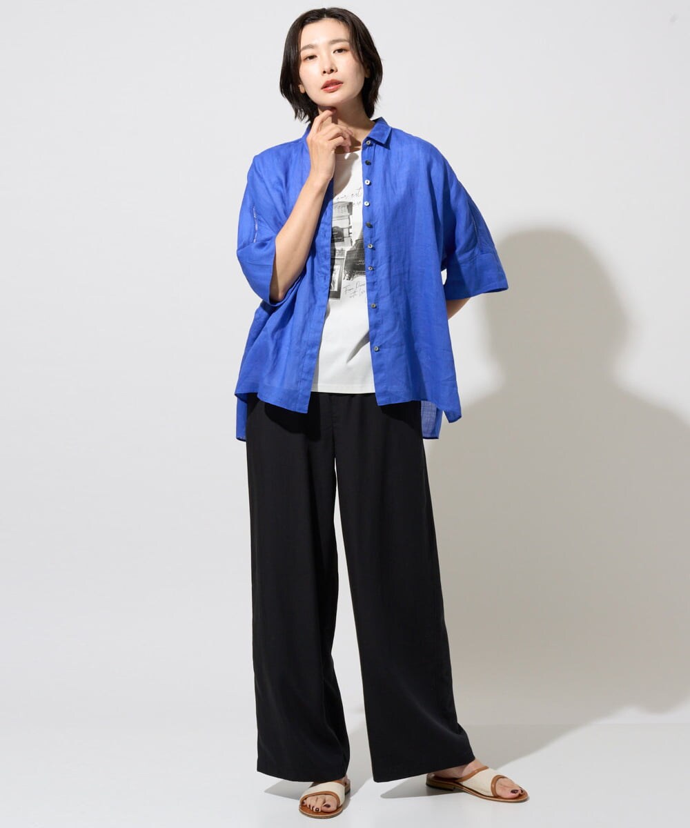 PHBHE66290 GEORGES RECH(小さいサイズ)(メゾン ドゥ サンク) ハシゴレースドルマンリネンタックシャツ ブルー