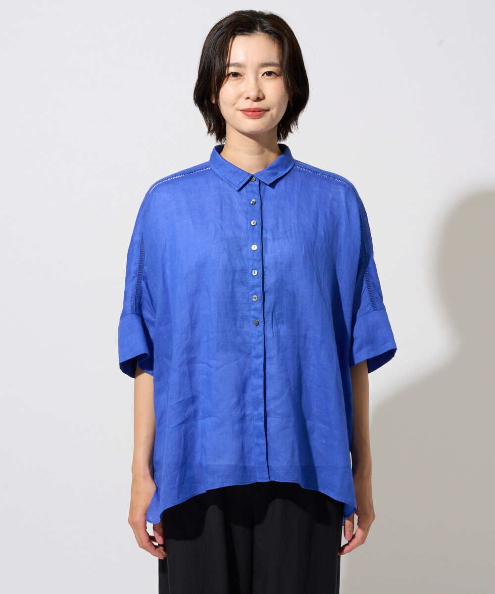 PHBHE66290 GEORGES RECH(小さいサイズ)(メゾン ドゥ サンク) ハシゴレースドルマンリネンタックシャツ ブルー