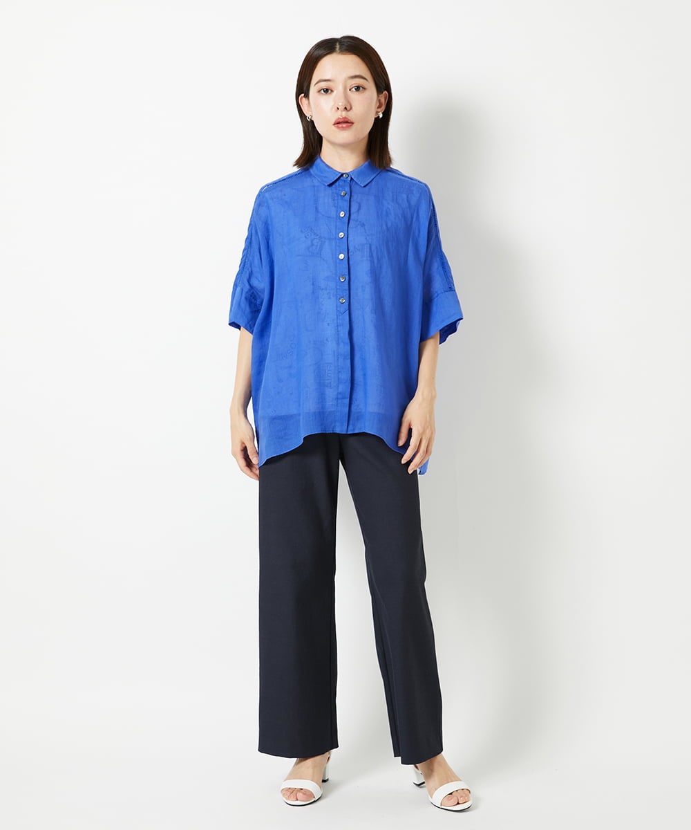 PHBHE66290 GEORGES RECH(小さいサイズ)(メゾン ドゥ サンク) ハシゴレースドルマンリネンタックシャツ ブルー