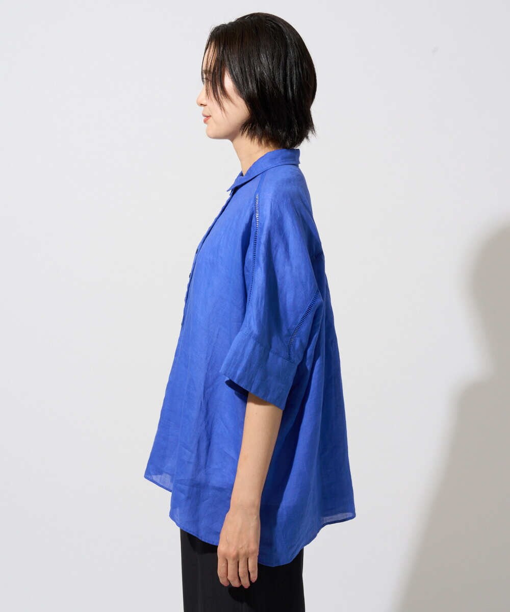 PHBHE66290 GEORGES RECH(小さいサイズ)(メゾン ドゥ サンク) ハシゴレースドルマンリネンタックシャツ ブルー