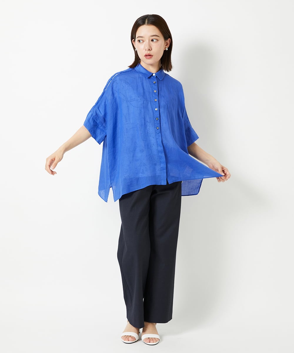 PHBHE66290 GEORGES RECH(小さいサイズ)(メゾン ドゥ サンク) ハシゴレースドルマンリネンタックシャツ ブルー