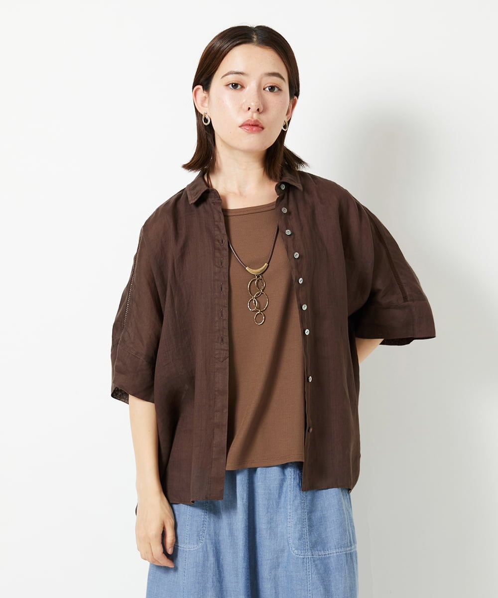 PHBHE66290 GEORGES RECH(小さいサイズ)(メゾン ドゥ サンク) ハシゴレースドルマンリネンタックシャツ ブルー
