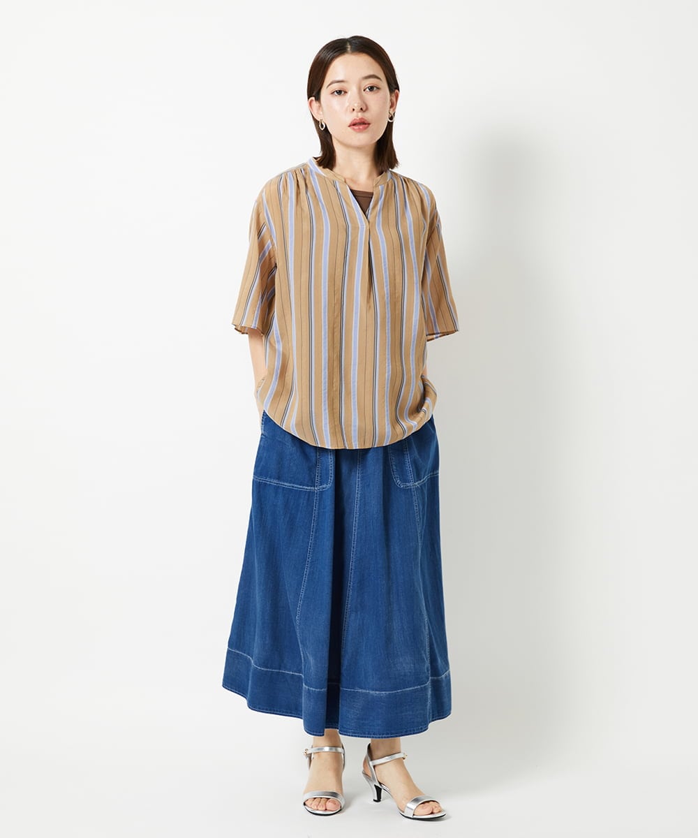 PHBHF50250 GEORGES RECH(小さいサイズ)(メゾン ドゥ サンク) マルチボーダースキッパーブラウス ライトブルー