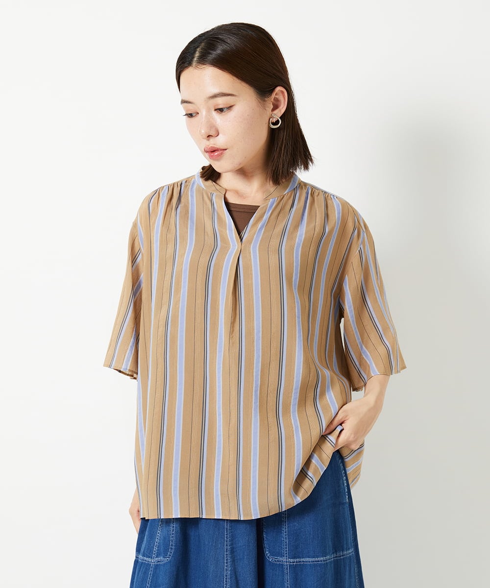 PHBHF50250 GEORGES RECH(小さいサイズ)(メゾン ドゥ サンク) マルチボーダースキッパーブラウス ライトブルー