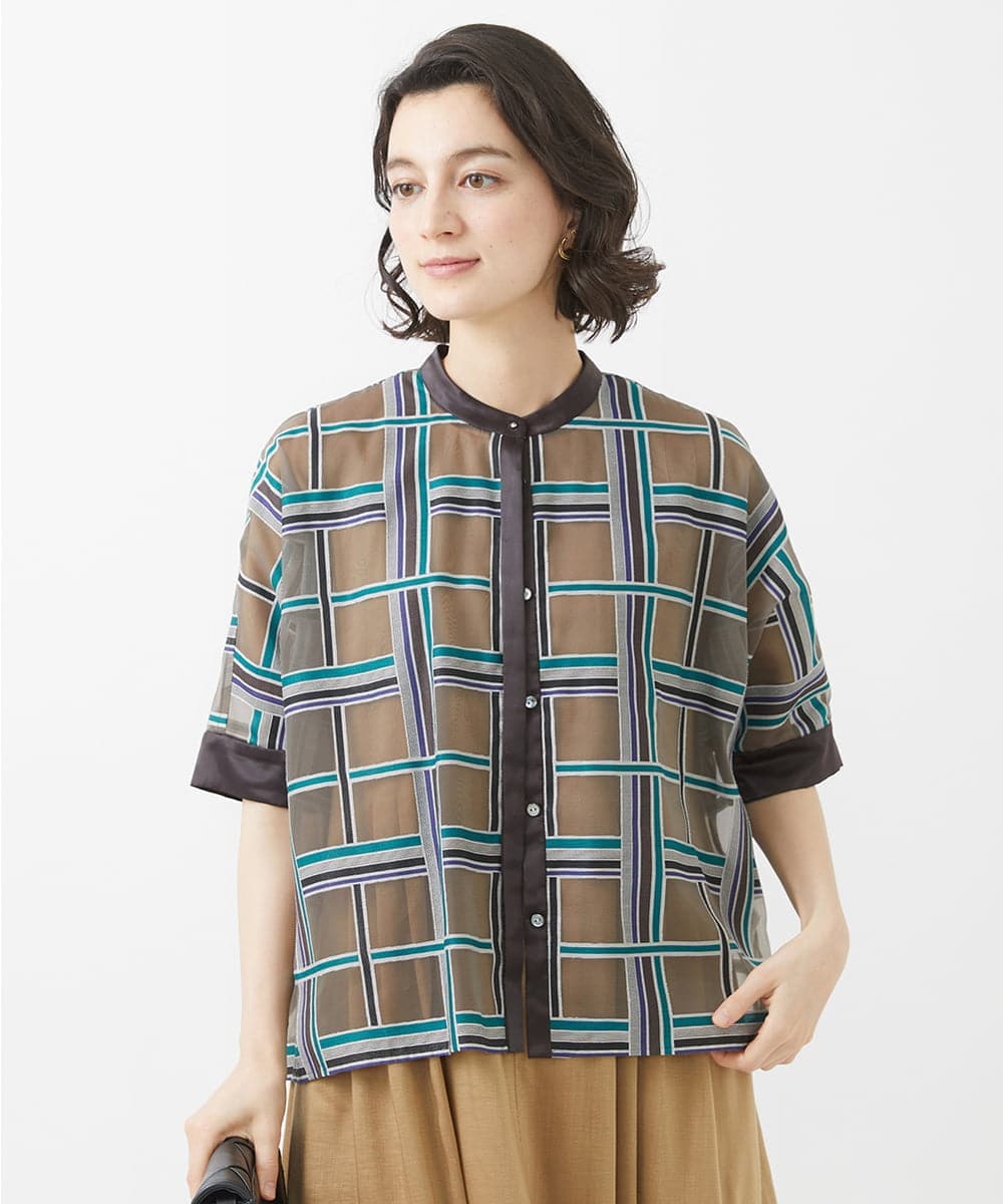PHBHW01390 GEORGES RECH(小さいサイズ)(メゾン ドゥ サンク) [セットアップ対応]グラフィカルチェックシースルーブラウス ブラウン系