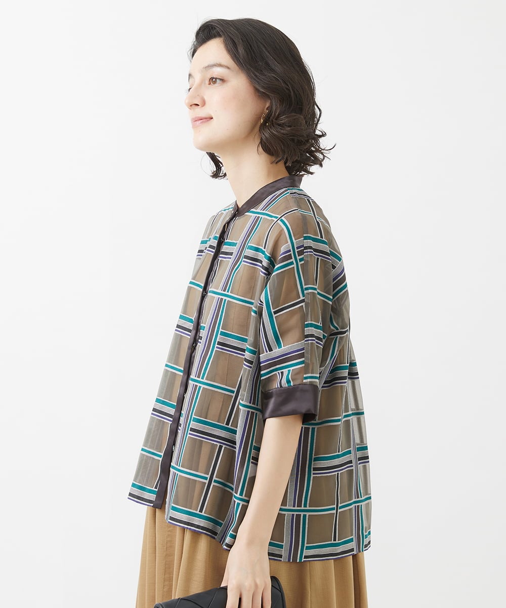 PHBHW01390 GEORGES RECH(小さいサイズ)(メゾン ドゥ サンク) [セットアップ対応]グラフィカルチェックシースルーブラウス ブラウン系
