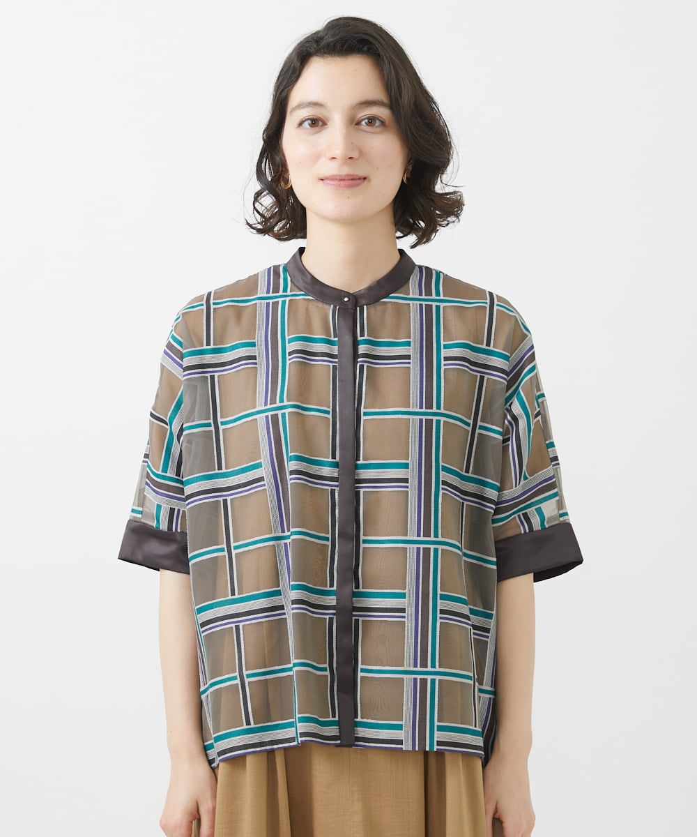 PHBHW01390 GEORGES RECH(小さいサイズ)(メゾン ドゥ サンク) [セットアップ対応]グラフィカルチェックシースルーブラウス ブラウン系