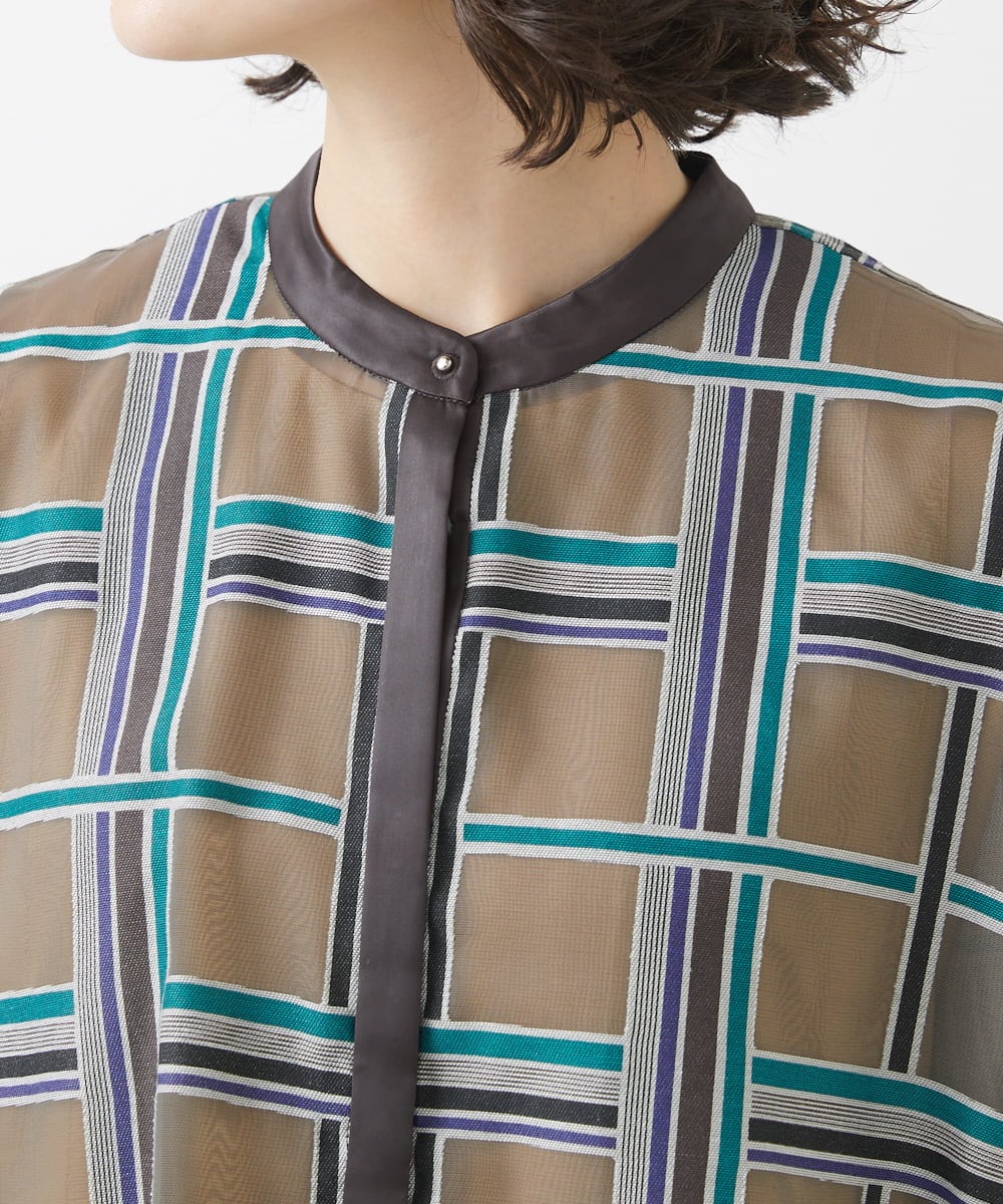 PHBHW01390 GEORGES RECH(小さいサイズ)(メゾン ドゥ サンク) [セットアップ対応]グラフィカルチェックシースルーブラウス ブラウン系