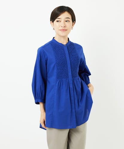 PHBJB26250 GEORGES RECH(小さいサイズ) バンドカラーシャーリングコットン7分袖ブラウス