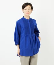 PHBJB26250 GEORGES RECH(小さいサイズ)(メゾン ドゥ サンク) バンドカラーシャーリングコットン7分袖ブラウス ブルー