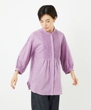 PHBJB26250 GEORGES RECH(小さいサイズ)(メゾン ドゥ サンク) バンドカラーシャーリングコットン7分袖ブラウス パープル
