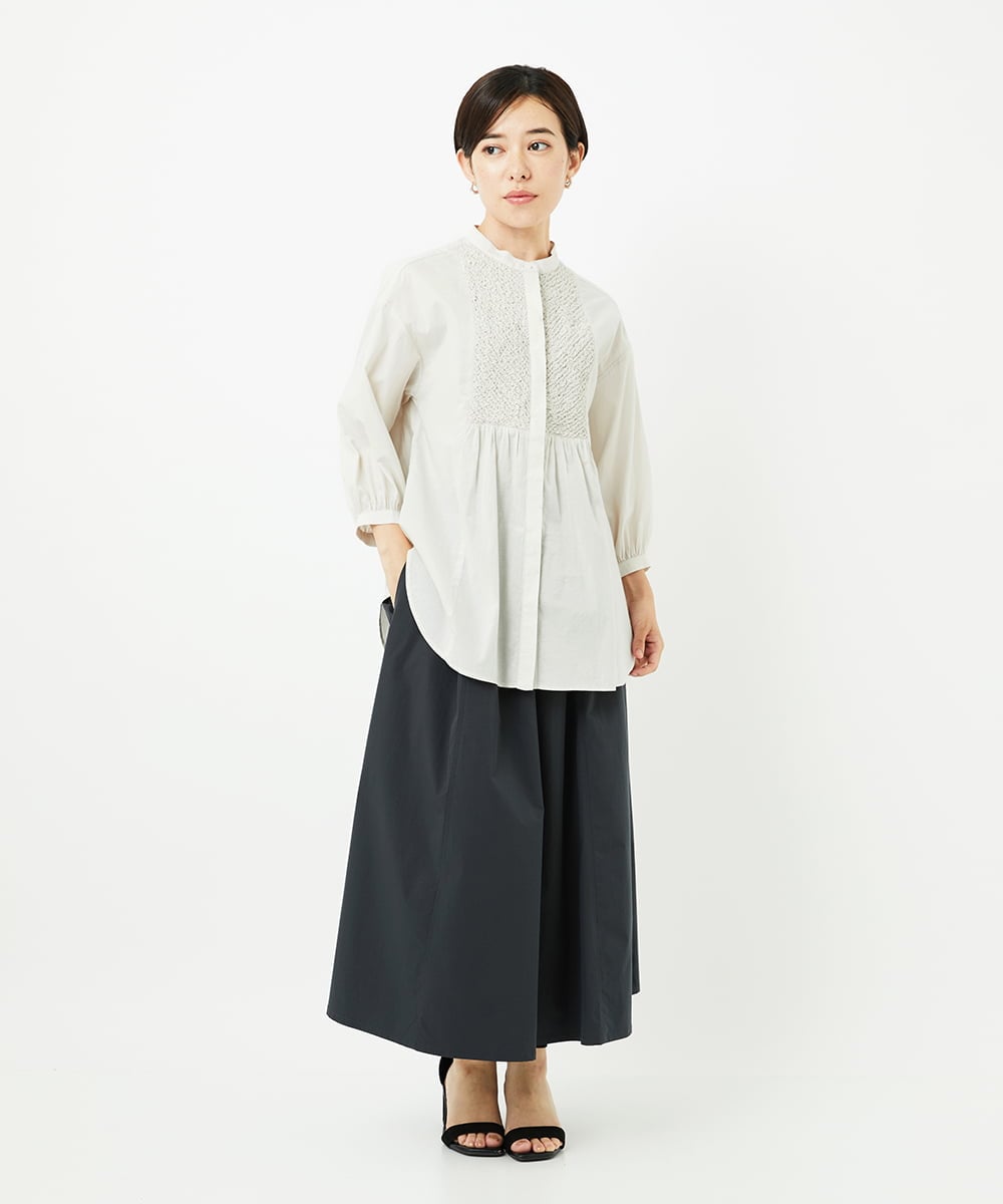 PHBJB26250 GEORGES RECH(小さいサイズ)(メゾン ドゥ サンク) バンドカラーシャーリングコットン7分袖ブラウス パープル