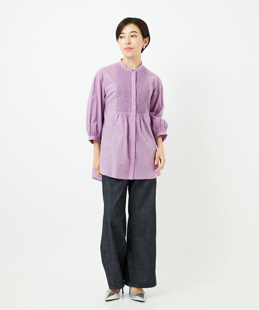 PHBJB26250 GEORGES RECH(小さいサイズ)(メゾン ドゥ サンク) バンドカラーシャーリングコットン7分袖ブラウス パープル
