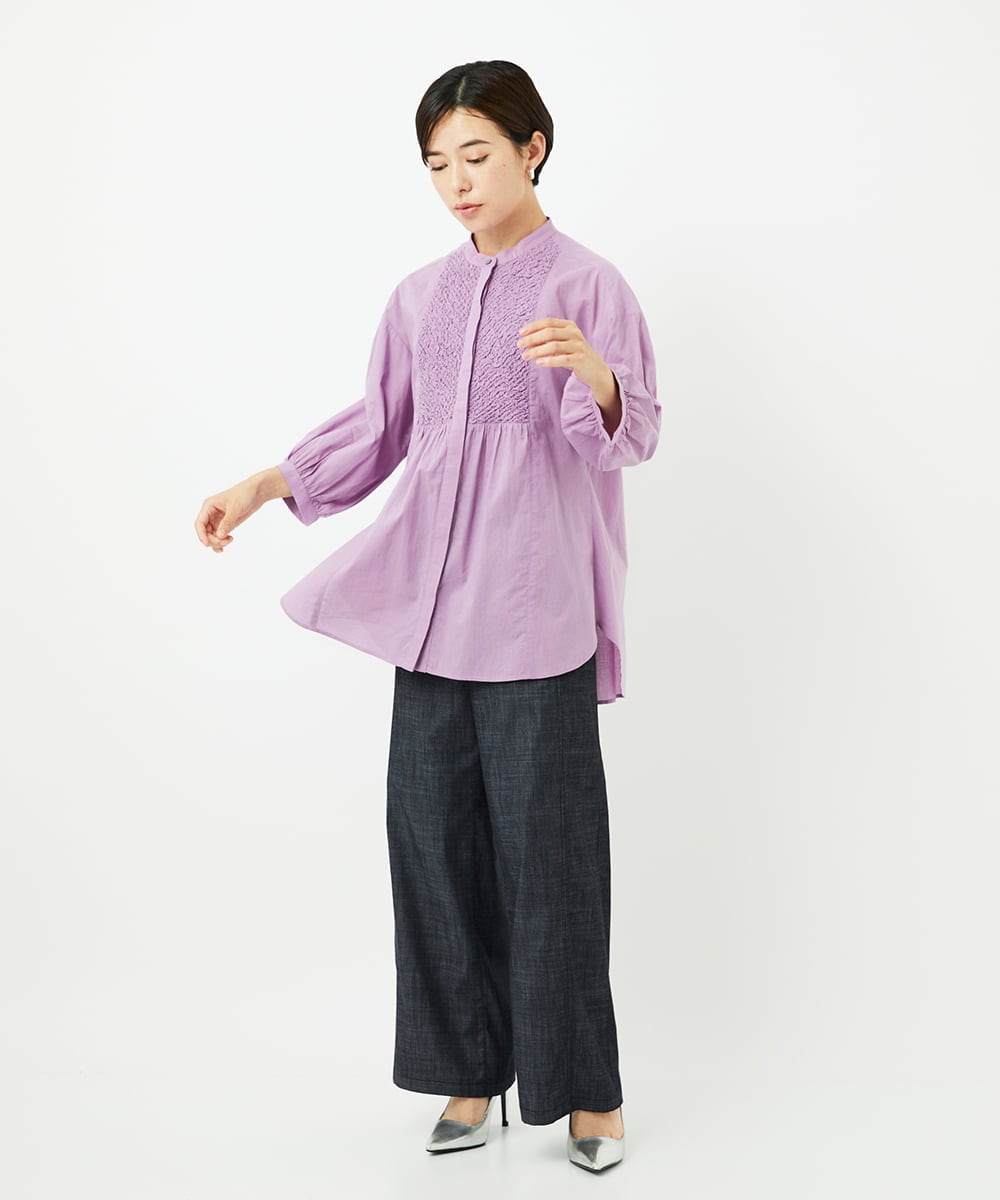 PHBJB26250 GEORGES RECH(小さいサイズ)(メゾン ドゥ サンク) バンドカラーシャーリングコットン7分袖ブラウス パープル