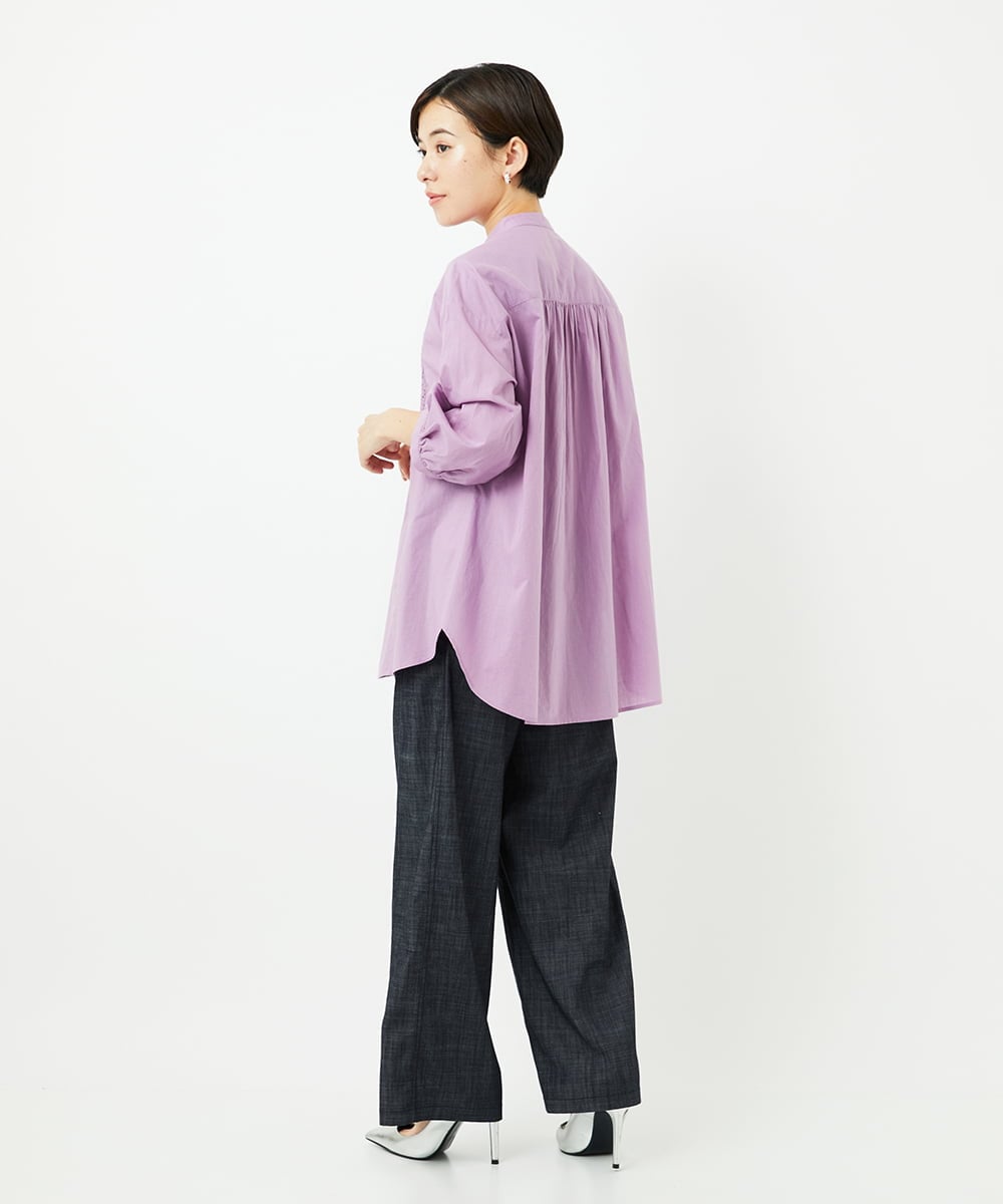 PHBJB26250 GEORGES RECH(小さいサイズ)(メゾン ドゥ サンク) バンドカラーシャーリングコットン7分袖ブラウス パープル