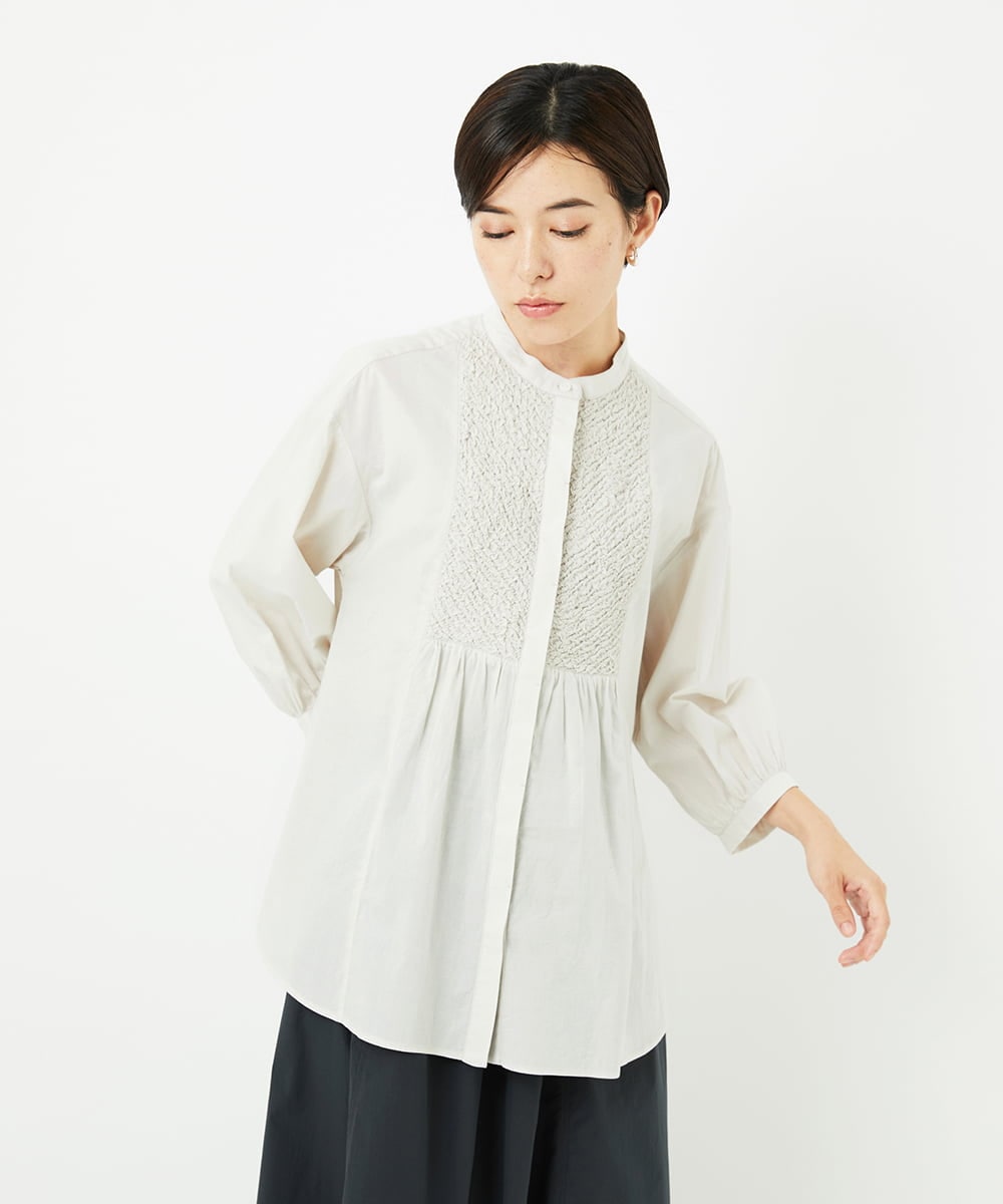 PHBJB26250 GEORGES RECH(小さいサイズ)(メゾン ドゥ サンク) バンドカラーシャーリングコットン7分袖ブラウス パープル