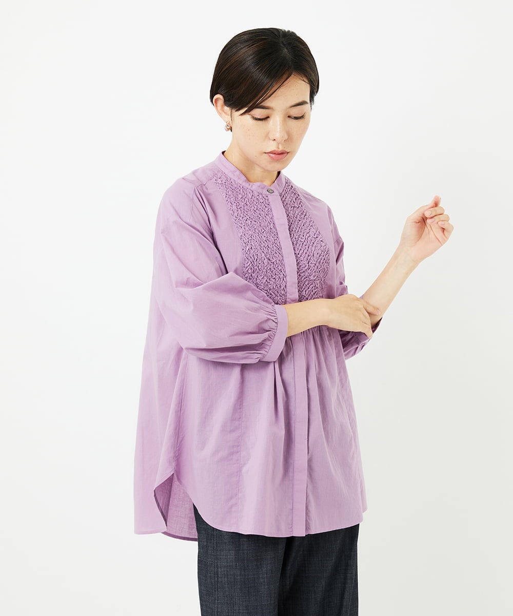 PHBJB26250 GEORGES RECH(小さいサイズ)(メゾン ドゥ サンク) バンドカラーシャーリングコットン7分袖ブラウス パープル