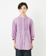 PHBJB26250 GEORGES RECH(小さいサイズ)(メゾン ドゥ サンク) バンドカラーシャーリングコットン7分袖ブラウス パープル