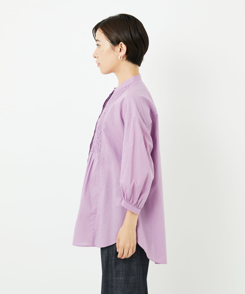 PHBJB26250 GEORGES RECH(小さいサイズ)(メゾン ドゥ サンク) バンドカラーシャーリングコットン7分袖ブラウス パープル