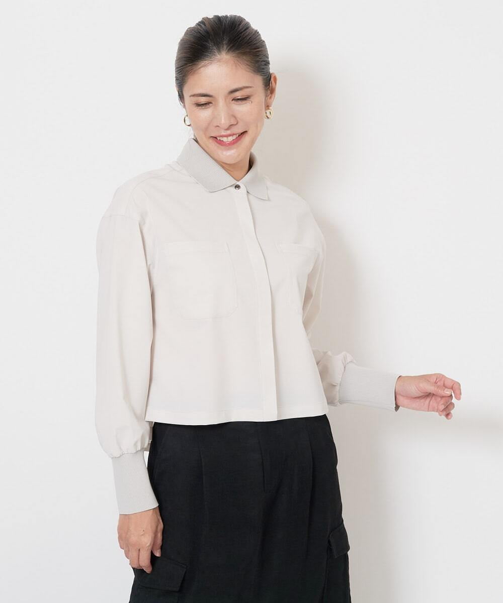 PHBJS03250 GEORGES RECH(小さいサイズ)(メゾン ドゥ サンク) [接触冷感]クロップドストレッチシャツブラウス ライトグレー