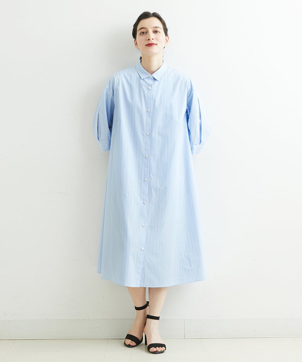 PHEGS36430 GEORGES RECH(小さいサイズ)(メゾン ドゥ サンク) [日本製]2WAYスリーブストライプシャツワンピース ライトブルー系