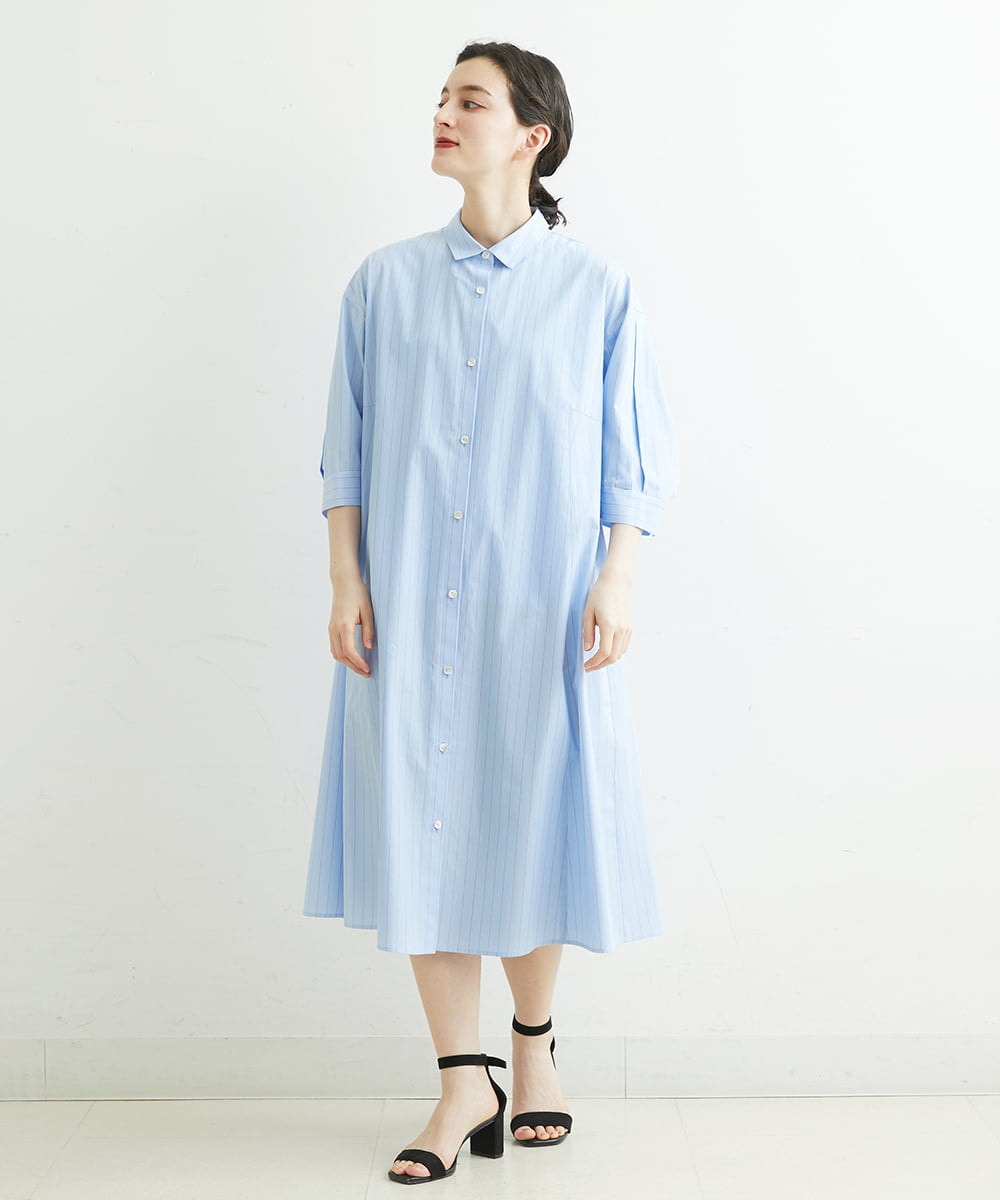 PHEGS36430 GEORGES RECH(小さいサイズ)(メゾン ドゥ サンク) [日本製]2WAYスリーブストライプシャツワンピース ライトブルー系